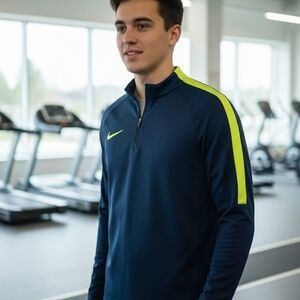 Nike Men's Dark Blue Jacket with Bright Green Stripes